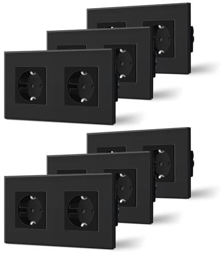 BSEED Schuko Steckdose 6er Pack, 16Amp AC Power Kristallglas Platte, 2 Fach Unterputzdose Steckdose, 157mm Doppelt Schutzkontaktbuchse Wandsteckdose Schwarz