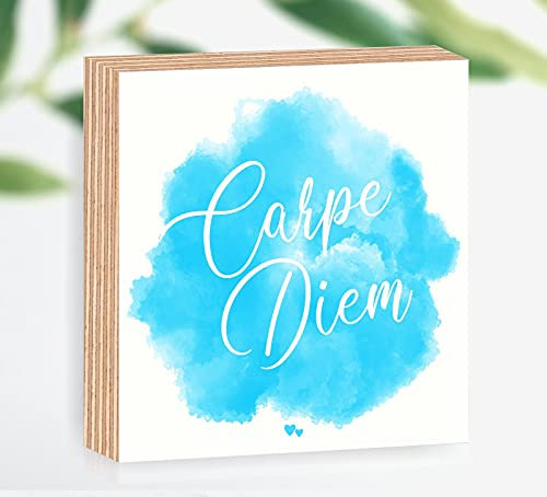 Manschin-Laserdesign Holzbild Carpe Diem 15x15x2cm zum Hinstellen/Aufhängen 3D, echter Fotodirektdruck mit Spruch auf beschichtetes Birkenholz