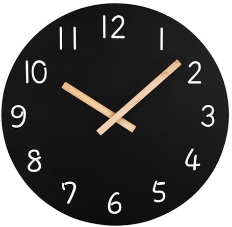 Plumeet 12'' Wooden Wall Clock, Frameless Wall Clocks with Silent Quartz Movement, Modern Style White Clocks Decorative Home Kitchen, Battery Operated (12 inch, Black)