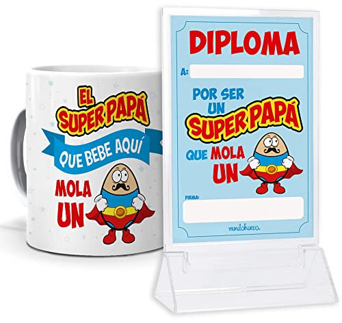 Regalo Original día del Padre. Taza + Diploma metacrilato 10x15 cm. El Super Papa Que Bebe aqui Mola un Huevo