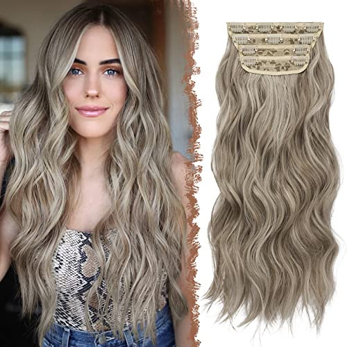 FESHFEN Clip in Extensions, 4PCS Haarverlängerungen mit Clips Synthetik Gewellte Haarextension Aschbraun gemischt mit Hellblond Wavy Wellig Haar Extensions Clip in Haarteil für Frauen 50 cm