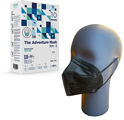The Adventure Mask FFP3-Maske mit Ohrschlaufen, 5-Lagen-Atemschutzmaske, Sichere Staubmaske mit Filter, CE-zertifizierte Schutzmaske, Schachtel mit 10 Masken, Schwarz