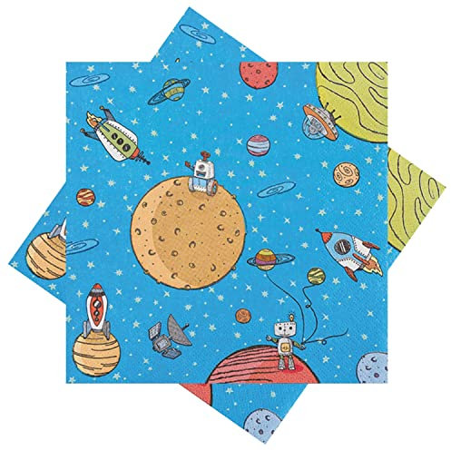 ZauberDeko Servietten Weltall Raumschiff Planeten Blau Orange Tischdeko 33 x 33 cm 20er Pack