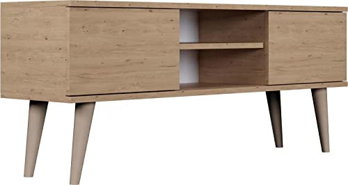 WFL GROUP TV-Schrank - Skandinavisch Fernsehtisch bis 50 Zoll - TV-Lowboard für Wohnzimmer 120 oder 160 cm - mit Holz Füße und 2 Türen - 120 cm - Eiche Artisan