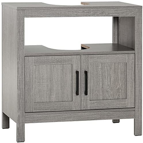 kleankin Waschbeckenunterschrank Mehrzweckschrank mit offenem Fach Badezimmerschrank mit Tür Unterschrank Kippschutz Spanplatte Grau 60 x 30 x 60 cm