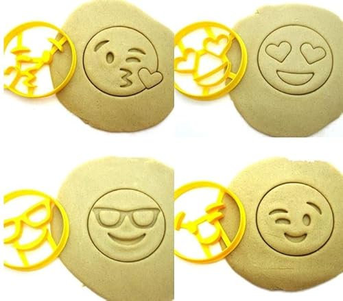 T3D Ausstechformen Emojis-Thema, 4-teiliges Set, Ausstechformen, Gesicht zwinkerndes Gesicht, Herzaugen, Emoji-Brille, geeignet für Kuchen, Kekse und Fondant, Keksform für hausgemachte Leckereien