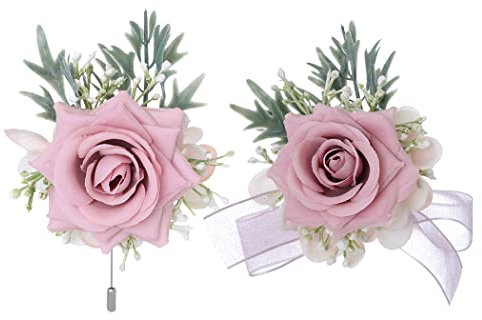 IYOU Handgelenk Anstecknadel Rosa Blume Armband und Herren Boutonniere Set Hochzeit Handdekoration für Bräutigam Braut Trauzeugen Brautjungfern