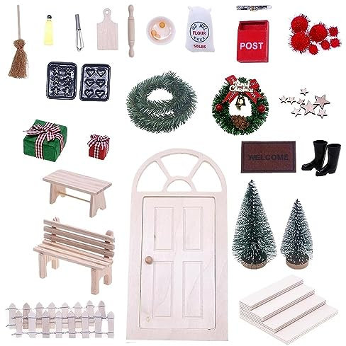 Wichteltür Zubehör Weihnachten Set, Wichteltür Zubehör Set Weihnachten, Weihnachtswichtel Tür Set, Holz Wichtel Tür, mit Miniatur Briefkästen, Zäun, Leiter, Stiefel, Kranz, Feentür Set (27pcs)