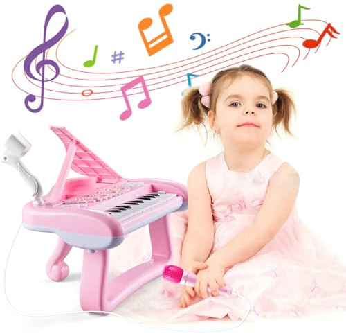 Rosa Kinderklavier für Mädchen 2-5 Jahre, 22 Tasten Musikinstrument mit Mikrofon, Tragbar Multifunktional, Pädagogisches Spielzeug