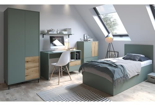 Lomadox Kinderzimmer komplett Set mit 90x200 cm Bettgestell in grau-grün mit Eiche, 5-teilig, Kleiderschrank, Schreibtisch, Wandboard, Kommode