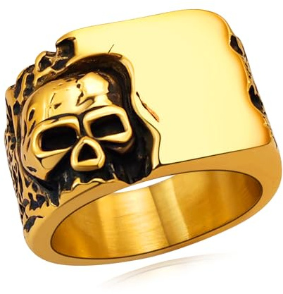 Hoyazvet Coole Retro-Totenkopf-Ringe, 316L Edelstahl/18 Karat Gold/Schwarz, Gothic-Totenkopf-Bandring, Glaubensschmuck für Männer und Frauen, Größe 7–14, mit Geschenkbox, Edelstahl, Kein Edelstein