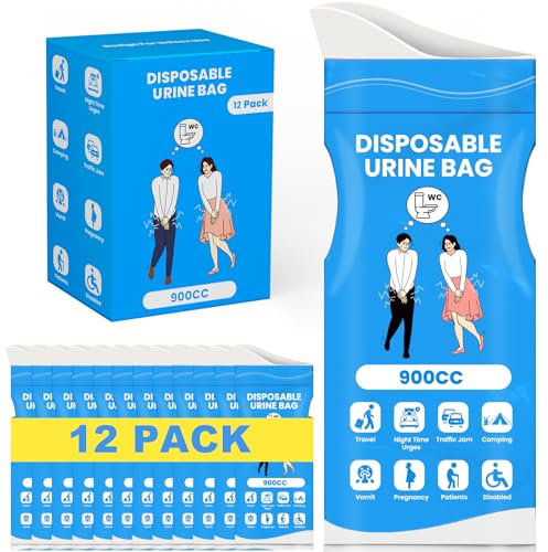 Kingci Bolsas de orina desechables, bolsas de orina de 900 ml para mujeres y hombres, uso de emergencia, 12 bolsas unisex para vómitos de urinario para viajes, camping, senderismo, atascos, viajes por