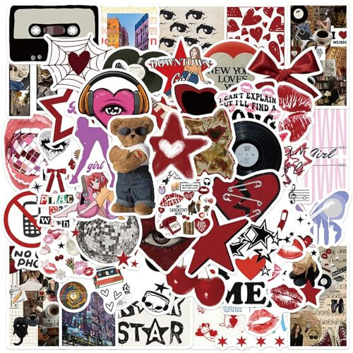 NICECONE 50 Pcs Aesthetic Downtown Girls Stickers, Red and Black Y2K Vinyl Waterproof Trendy Stickers for Girls Teens Grunge Vinyl Decals for Water Bottle Laptop Skateboard Journal (Downtown Red)