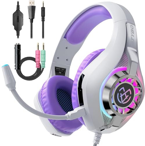 Tatybo Casque Gaming pour Ps5, Casque Gamer 3D Son Surround avec Microphone Antibruit, Ultraléger 250g, Haut-Parleur 50 mm, Casque avec Prise Jack 3,5 MM pour Ps4 Pc Xbox Switch (Violet et Blanc)