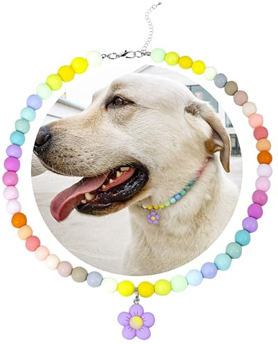 SM4BED Hundehalsband, Perlenkette, bunte Regenbogen-Perlen und bezaubernder Blumenanhänger, verstellbarer Haustierschmuck für große Hunde, XXL, 50,5 cm