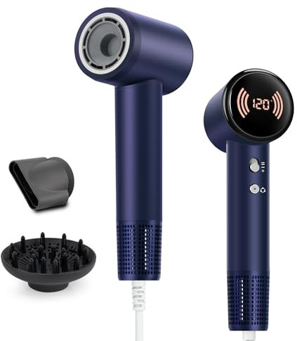 Föhn mit Diffusor & Ionen-Technologie | 1600W Haartrockner mit Temperaturanzeige,magnetischen Aufsätzen | Reduziert Frizz,Keine Hitzeschäden | Leise Bürstenloser Motor | klein & Reisefreundlich(Blue)