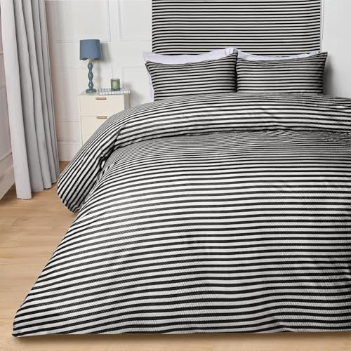 OHS Double Duvet Bedding, Super Soft Cosy Warm Microfibre Embossed Stripes Pattern Modern Reversible Double Duvet Cover Set with 2 Matching Pillowcases, Black/White