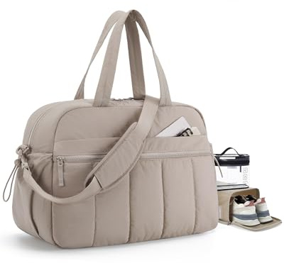 BAGSMART Womens 42L Travel Gym Bag Set, Carry on Hand Luggage Cabin Bag | Shoe Bag, Clear Toiletry Bag Included, Trolley Sleeve, Water Resistant, Puffy, Lightweight, Camel