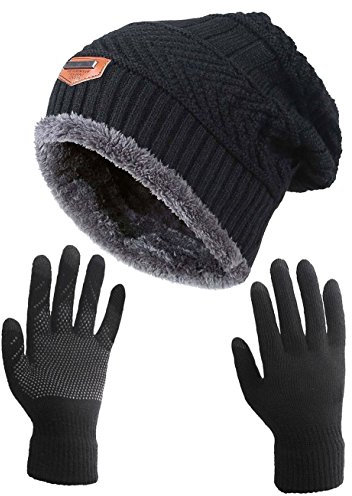 HINDAWI Damen Winter Lässige Mütze Handschuhe Für Warme Hütte Mützen Schadel Touchscreen Fäustlinge Stricken Einheitsgröße Hat+gloves (Schwarz)