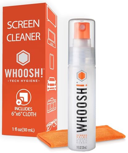 WHOOSH! Screen Shine Go MacBook Screen Cleaner - 30 mL Pocket-Sized, Travel Approved Bottle with Microfiber Cloth - Powerful, Streak-Free Cleaning for Car Screens, Laptop, Glasses, Phone Cleaning Kit