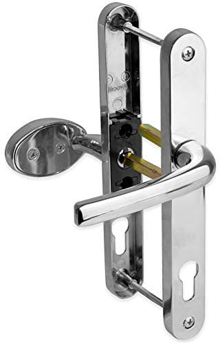 uPVC Door Handle 92mm 62mm Offset Lever Pad 210mm Fixings Sprung Pair Patio PVC Chrome