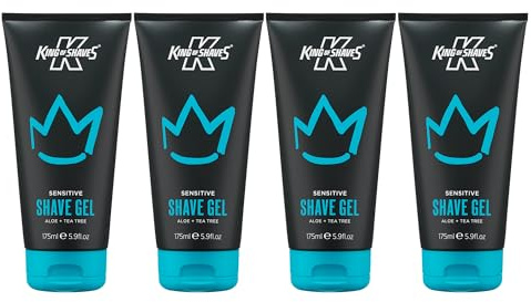 King of Shaves Sensitive Shave Gel Quad Pack 4 x 175ml | Clear Low Foam Shaving Gel For Sensitive Skin With Aloe Vera To Reduce Razor Irritation. Vegan Formula.