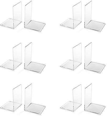 OSCO Set of 2 Acrylic Bookends with Clear Rubber Non-Slip Pads, 6 Pack, Stylish Book Supports for Desk, Office, Shelf or Home, Modern Design, H17.2 × W12 × D12 cm, Clear (Medium)