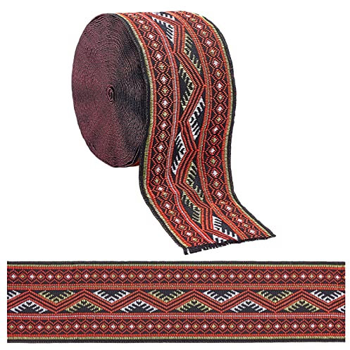 GORGECRAFT 7.65 Yard Besticktes Jacquardband 2 Breite Vintage Besticktes Band Floral Gewebter Trim Stoff Für Verschönerung Bastelbedarf, Dunkelrot