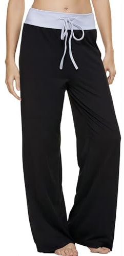 AMYTIS Damen Yogahose Stretch Freizeithose Bequeme Pyjamahose Schlafanzughose Lang Leichte Lounge Hose Hausanzug Hosen Relaxhose Fitness Sommer Weites Bein,PureBlack,M