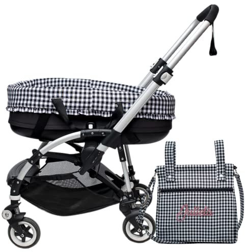 Conjunto Compatible con Carrito Bugaboo Bee - Cubre capazo o Funda para capazo + sábana Bajera + Bolsa panera Personalizada - Vichy Negro