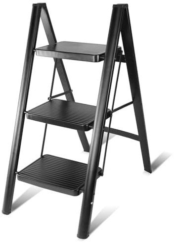 Teenza 3 Step Ladder, Handy Folding Ladder, Wide Steps, Can be used as A Shelf, 150 kg Load
