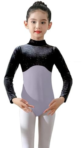 Runhomal Mädchen Samt Gymnastik Leotard Ballettbody Einfarbig Gymnastikanzug Turnanzug Langarm Turntrikot Tanzbekleidung A Grau&Schwarz 158-164