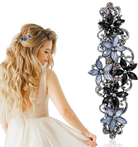 WLLHYF Blume Haarspangen, Vintage Strass Stil Barrettes, Luxus Schmuck Design Haarnadel, Metall Frühling Haarspange Clips, Haar-Accessoires für Frauen Mädchen(Schwarz Blau)