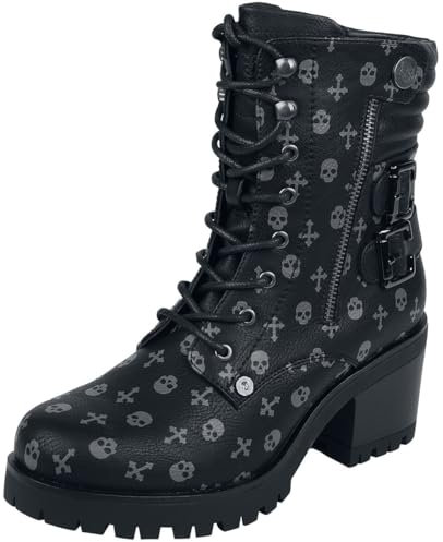 Rock Rebel by EMP Damen schwarze Schnürboots mit Totenkopf und Kreuz Alloverprint EU39