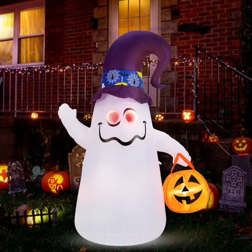 GYMAX 180 cm Halloween aufblasbarer Deko, aufblasbarer Halloween-Geist mit Kürbislaternen & Hexenhut, aufblasbare Dekoration mit integrierte LED-Lichtern, für Innenbereich, Garten & Party