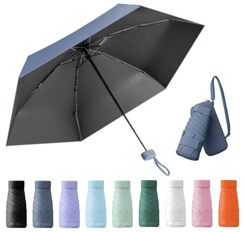 Kleiner Regenschirm, portable folding umbrella, mini reise regenschirm, leichter Reiseschirm, taschenschirm, UV-faltbar mit Kapselbox, reisewasser- und winddicht für Männer und Frauen(Dunst blau)