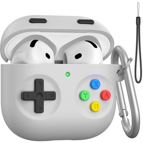 Delidigi für AirPods 4 Hülle Case, Klassische Handheld Game Console Design Silikon Schutzhülle with Karabiner Kompatibel mit Apple Airpods 4. Generation 2024(Hell Grau)