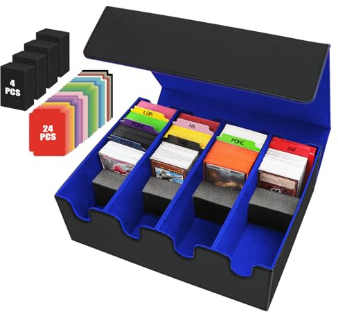 HIMOMO 4 Rows Trading Card Storage Box, 2800+ Card Deck Case with 24 Colorful Dividers & 4 Pcs Foam Dividers, PU Leather card box fits Magic TCG TGG Sports Cards (2800+ Blue)