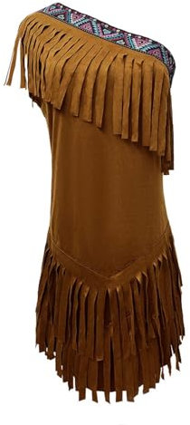 Generisch Cowgirl Cowboy Kostüm Damen Kleider 70er Jahre Indianer Outfit Damen Set Faschingskostüme Frauen Braun Mit Fransen One Shoulder ärmellos Karneval Kleidung Damen Accessoires Bekleidung Party