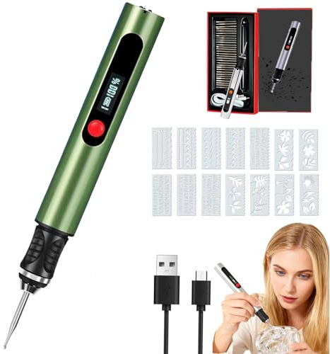 Gravierstift PRO, Inklusive 30 Bits und 16 Schablone, Kabelloser Tragbarer Gravierstift, Gravieren Sie über 50 Oberflächen, Engraving Pen, Anfängerfreundlich, Wiederaufladbar (GREEN)