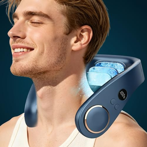 Kouric Ventilador de Cuello con Placa de Refrigeración Silencioso,5 Velocidades,5500mAh,Pantalla LED para Batería y Velocidad,Hasta 24 Horas,Portatil para Viajes, Oficina, Deportes y Exteriores-Azul
