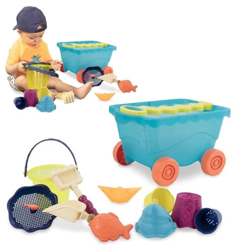 B. toys Sandspielzeug 11 Teile mit Bollerwagen – Sandkasten Spielzeug, Strand, Spielplatz mit Eimer, Schaufel, Sandförmchen – Spielzeug ab 18 Monaten