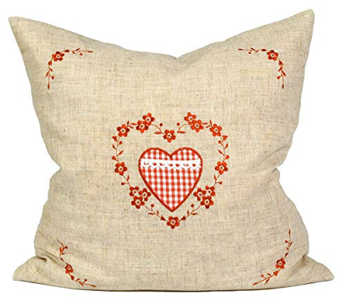 Dekobox Kissenbezug Set aus Leinen - 40x40 cm - Außenhülle rotes Herzmuster inkl. Innenkissen zum Befüllen - ideal für z.B. Zirbenkissen, Kernkissen, Kräuterkissen