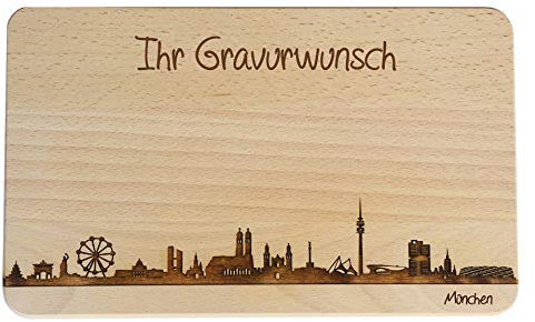 Brotzeitbrett München Skyline | Frühstücksbrettchen aus Buche | Holz Schneidbrett | München Souvenir mit Gravur | Bayern | Frühstücksbrett (Brett XL (35x23x1,5cm), mit persönlicher Gravur)