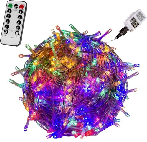 VOLTRONIC LED Lichterkette, IP44, Modell- und Farbwahl, 100 LEDs, Transparentes Kabel, bunt, Fernbedienung