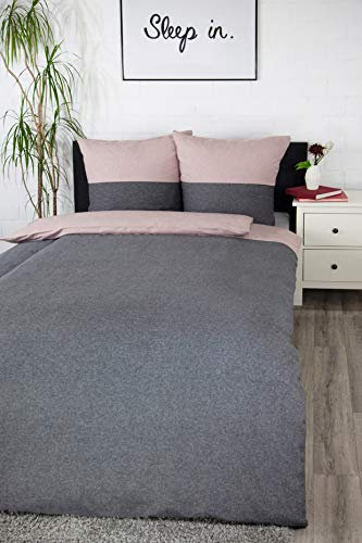 jilda-tex Biber Bettwäsche Made IN Germany Melange 135x200 cm + 80x80 cm 100% Baumwolle Feinbiberbettwäsche Edelflanell Verschiedene Größen/Farben (Dunkelgrau/Streifen Rosa, 135 x 200 cm)