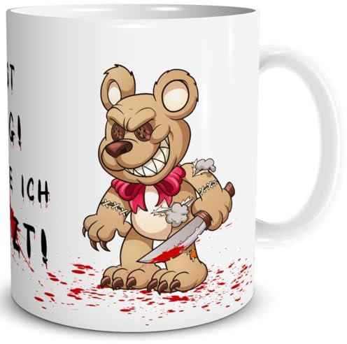 TRIOSK Tasse Horror Teddy Bär Messer mit Spruch Du bist lustig Dich töte ich zuletzt Geschenk Spaßtasse für Arbeit Büro Männer Frauen Kollegen, Keramik 300ml
