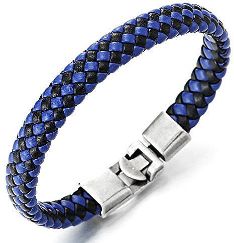 COOLSTEELANDBEYOND Herren Damen Schwarz Blau Geflochtenes Leder-Armband Echtem Leder Verwobenen Design Vintage Haken Verschluss