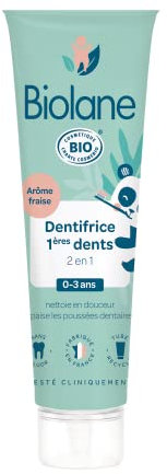 BIOlane - Dentifrice Bebe 2en1 - Nettoie les 1eres dents - Apaise les poussées dentaires - Sans Fluor - Arôme fraise - Fabriqué en France - 50 ml