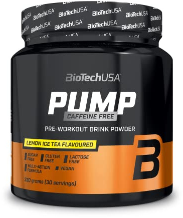 BioTechUSA Pump Caffeine Free | Pre-Workout-Pulver mit Aminosäuren | Enthält 19 aktive Wirkstoffe | mit 6 verschiedenen Elektrolyten | Vegan |Glutenfrei & laktosefrei | 330 g, Ice Tea Zitrone